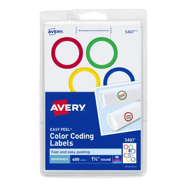 Avery&reg; Removable Color-Coding Labels, Removable Adhesive, Assorted Colors, 1-1/4" Diameter, 400 Labels (5407)