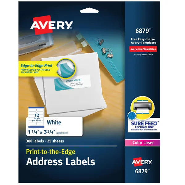 Avery&reg; Print-to-the-Edge Address Labels with Sure Feed&reg;, 1-1/4" x 3-1/4", Matte White, 300 Labels (6879)