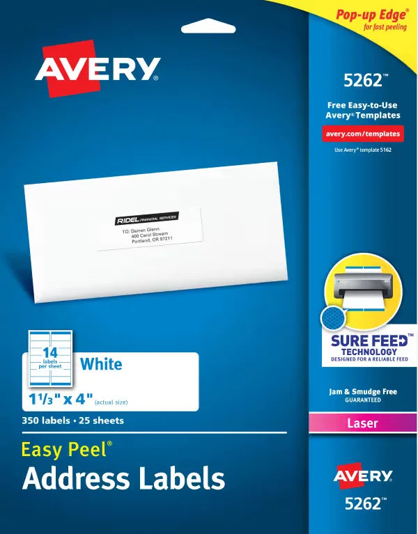 Avery&reg; Easy Peel&reg; Address Labels, Sure Feed&trade; Technology, Permanent Adhesive, 1-1/3" x 4", 350 Labels (5262)