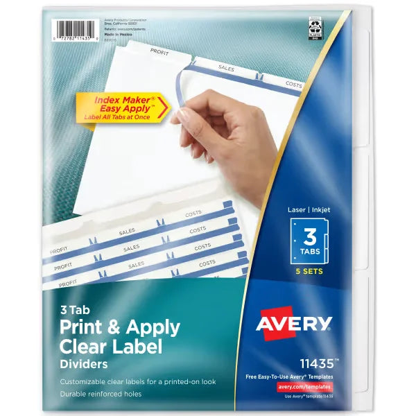 Avery&reg; Print & Apply Clear Label Dividers, Index Maker&reg; Easy Apply&trade; Printable Label Strip, 3 White Tabs, 5 Sets (11435)