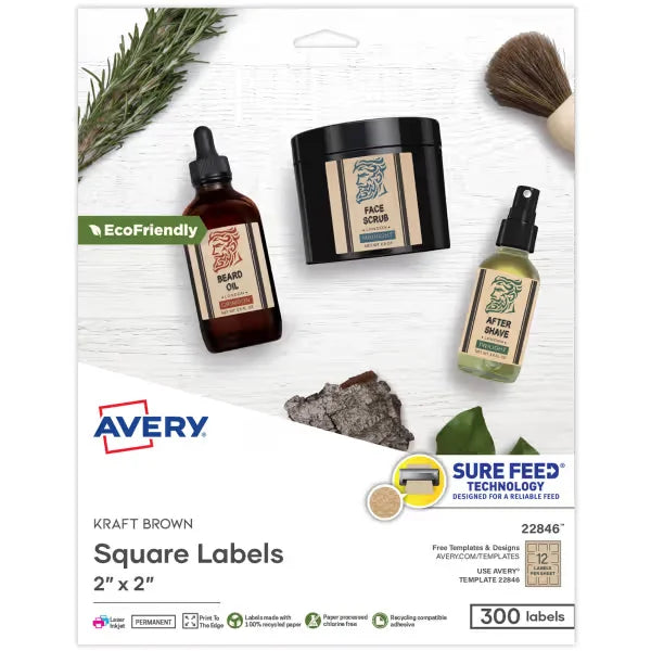 Avery&reg; Kraft Brown Square Labels with Sure Feed&reg; Technology, 2" x 2", Laser/Inkjet, 300 Total (22846)