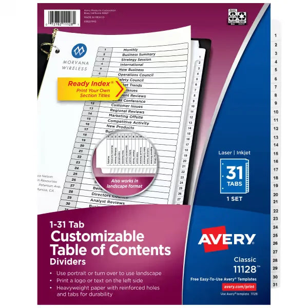Avery&reg; Ready Index&reg; 1-31 Dividers for 3 Ring Binders, 31 Tab Set, Customizable Table of Contents, White Tabs (11128)
