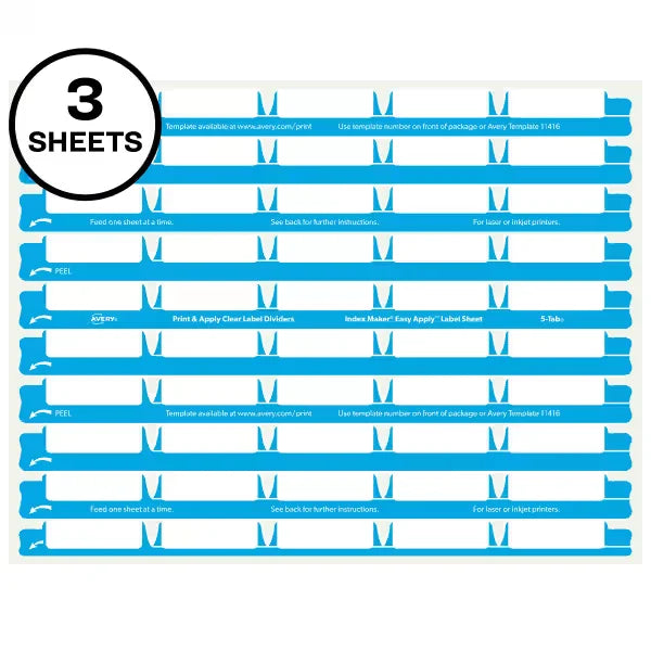 Avery&reg; Print & Apply Clear Label Sheet Refills, Index Maker&reg; Easy Apply&trade; Labels, 5-Tab, 3 Sheets (11225)