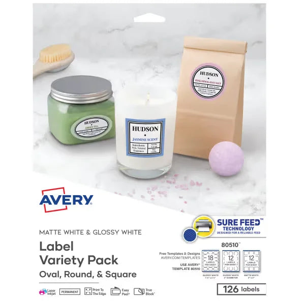 Avery&reg; Assorted Label Variety Pack with Sure Feed&trade;, Glossy White, 126 Labels, Permanent Adhesive (80510)