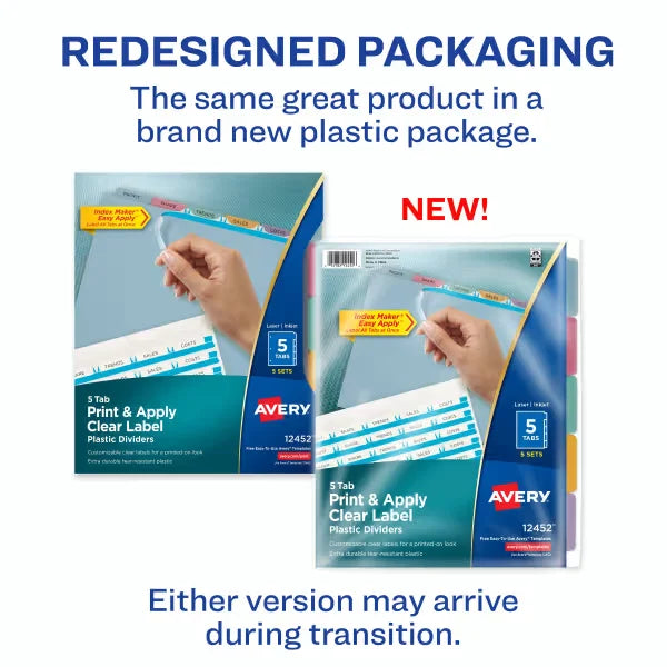 Avery&reg; Print & Apply Clear Label Translucent Plastic Dividers, Index Maker&reg; Easy Apply&trade; Printable Label Strip, 5 Multicolor Tabs, 5 Sets (12452)