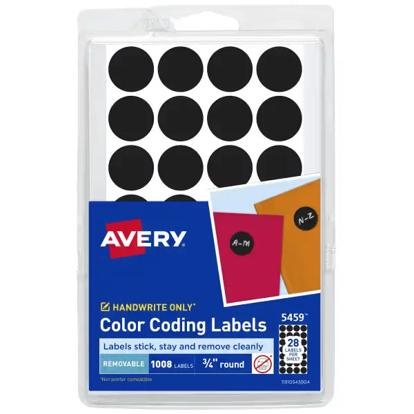 Avery&reg; Color-Coding Removable Labels, 3/4 Inch Round Stickers, Black, Non-Printable, 1,008 Dot Stickers Total (5459)