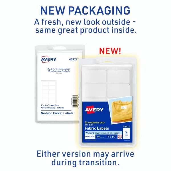 Avery&reg; No-Iron Fabric Labels, 1" x 1-3/4", Washer and Dryer-Safe Labels, Non-Printable, 40 Blank Labels Total (40722)