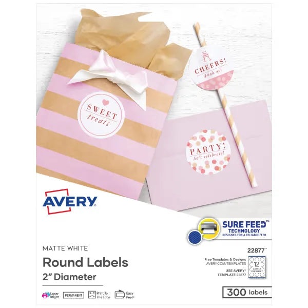 Avery&reg; Round Labels with Sure Feed&reg;, 2" Diameter, Matte White, Laser & Inkjet Compatible, 300 Labels Total (22877)