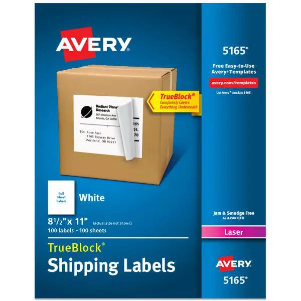 Avery&reg; Full-Sheet Shipping Labels, 8-1/2" x 11", White, 100 Blank Mailing Labels (5165)