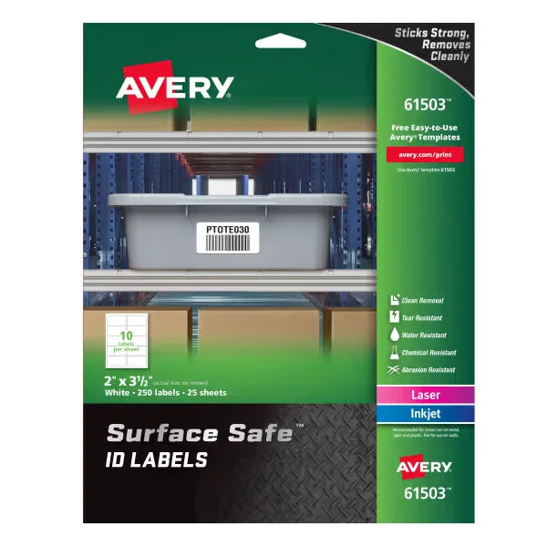 Avery&reg; Surface Safe&reg; Durable ID Labels, Removable Adhesive, Water & Chemical Resistant, 2" x 3-1/2", 250 Labels (61503)