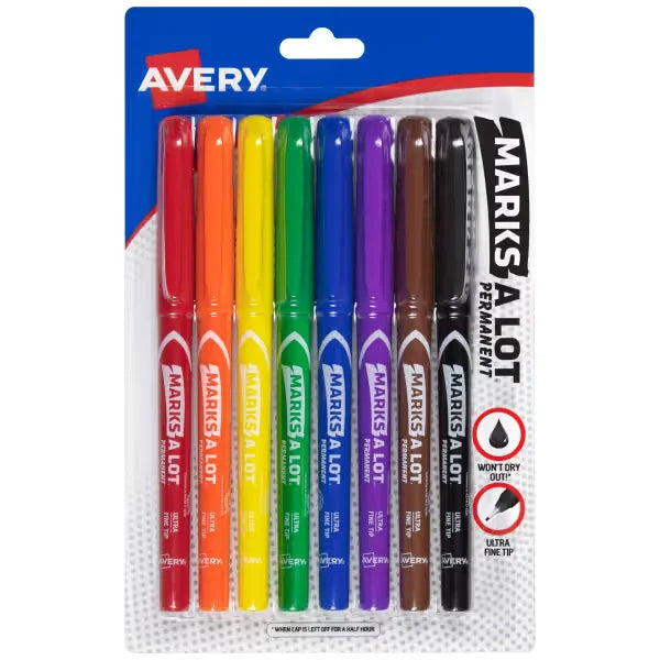 Avery(R) Marks A Lot(R) Permanent Markers, Pen-Style Size, Ultra Fine Tip, 8 Assorted Markers (09231)
