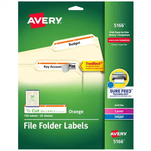 TrueBlock® File Folder Labels, 2/3” x 3-7/16”, 750 Printable Labels, Permanent Adhesive, White/Orange (5166)