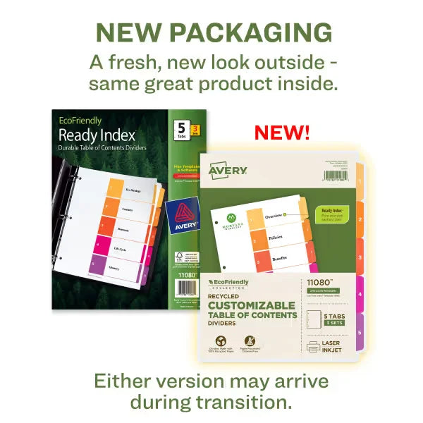 Avery&reg; EcoFriendly Recycled Dividers, 5-Tab, Multicolor, Ready Index&reg; Customizable Table of Contents, 3 Sets (11080)