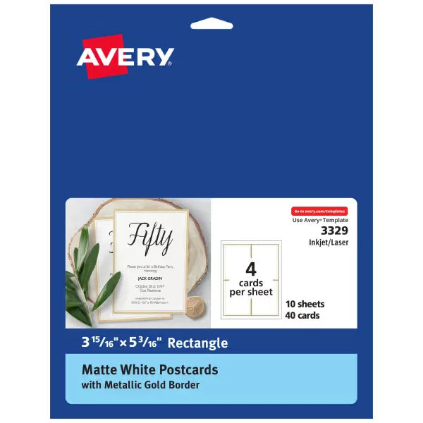 Avery&reg; Postcards with Metallic Gold Borders, 3-15/16" x 5-3/16", 40 Total, Laser/Inkjet Printable Postcards (3329)