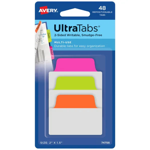 Avery&reg; Ultra Tabs&reg;, Neon Pink/Green/Orange, 2" x 1.5", 48 Repositionable Multiuse Tabs, 2-Side Writable (74756)