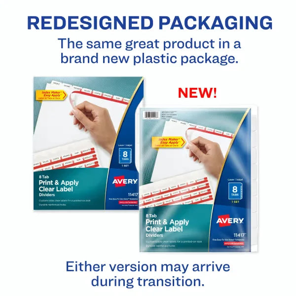 Avery&reg; Print & Apply Clear Label Dividers, Index Maker&reg; Easy Apply&trade; Printable Label Strip, 8 White Tabs (11417)