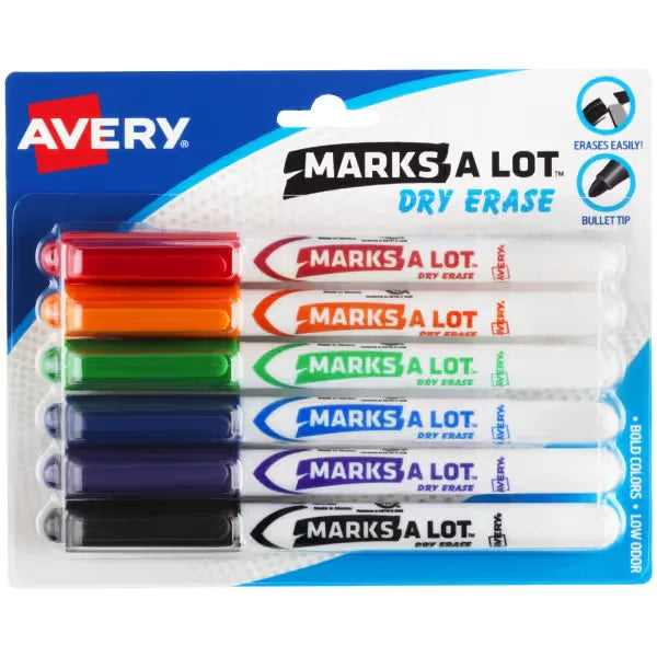 Avery(R) Marks A Lot(R) Pen-Style Dry Erase Markers, Bullet Tip, Assorted Colors, 6 Markers (24481)