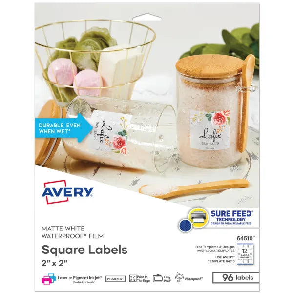 Avery&reg; Waterproof Square Labels with Sure Feed&reg;, 2" x 2", White, Laser & Pigment-Inkjet Compatible, 96 Total (64510)