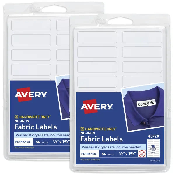Avery&reg; No-Iron Fabric Labels, 1/2" x 1-3/4", Washer and Dryer-Safe, White, Non-Printable, 54 Labels Per Pack, 108 Blank Labels Total (2-Pack of 40720)