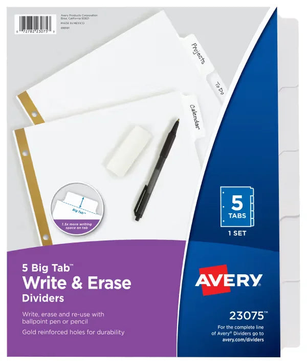 Avery&reg; Big Tab&trade; Write & Erase Dividers for 3 Ring Binders, 5-Tab Set, 1 Binder Divider Set (23075)