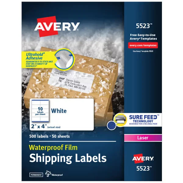 Avery&reg; Waterproof Labels with UltraHold&reg; Permanent Adhesive, 2" x 4", 500 Labels for Laser Printers (5523)
