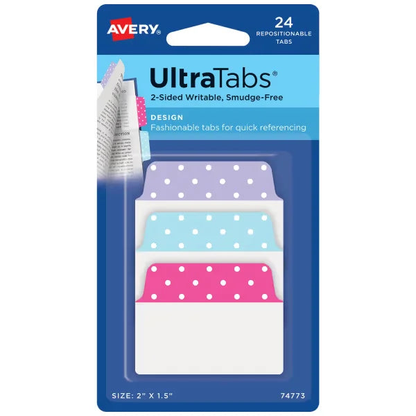 Avery&reg; Ultra Tabs&reg;, Pink/Blue/Purple Pastel Dots, 2" x 1.5", 24 Repositionable Multiuse Tabs, 2-Side Writable (74773)