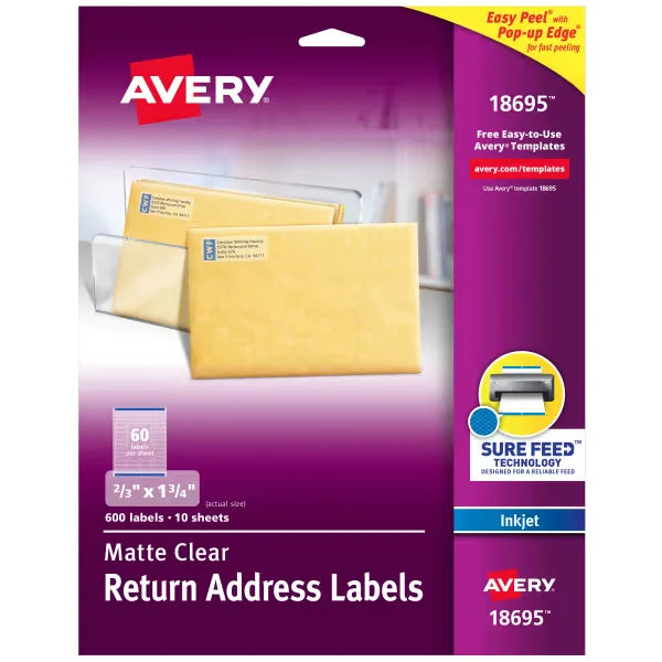 Avery&reg; Matte Clear Return Address Labels, Sure Feed&trade; Technology, Inkjet, 2/3" x 1-3/4", 600 Labels (18695)