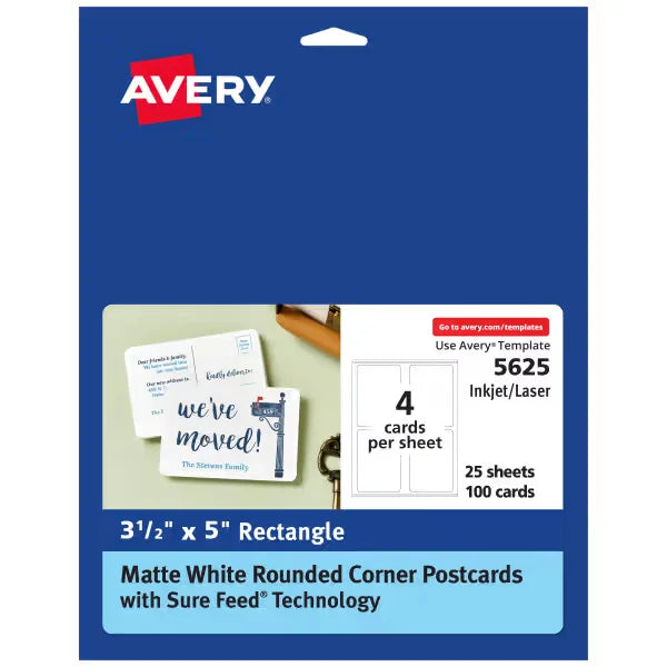 Avery&reg; Postcards with Rounded Corners and Sure Feed&reg; Technology, 3-1/2" x 5", Matte White, 100 Total, Laser/Inkjet Printable Cards (5625)