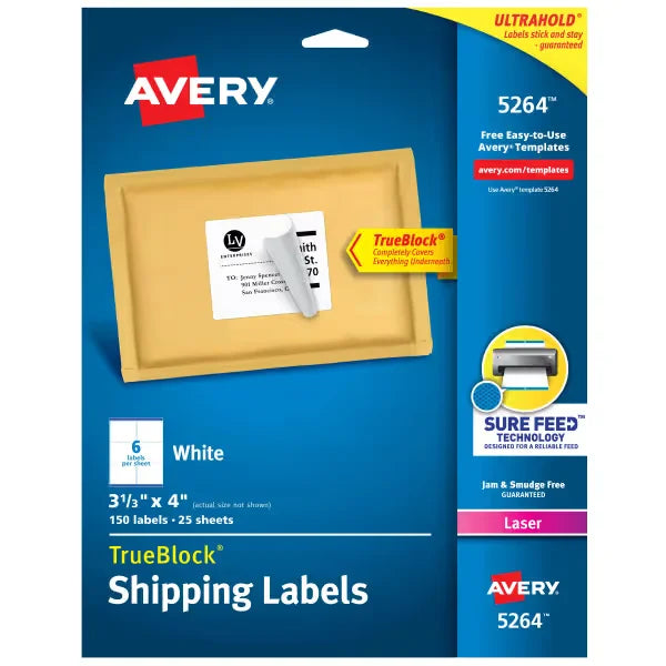 Avery&reg; TrueBlock&reg; Shipping Labels, Sure Feed&trade; Technology, Permanent Adhesive, 3-1/3" x 4", 150 Labels (5264)