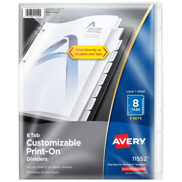 Avery&reg; Print-On&trade; Dividers, 8 Tabs, 5 Sets (11552)