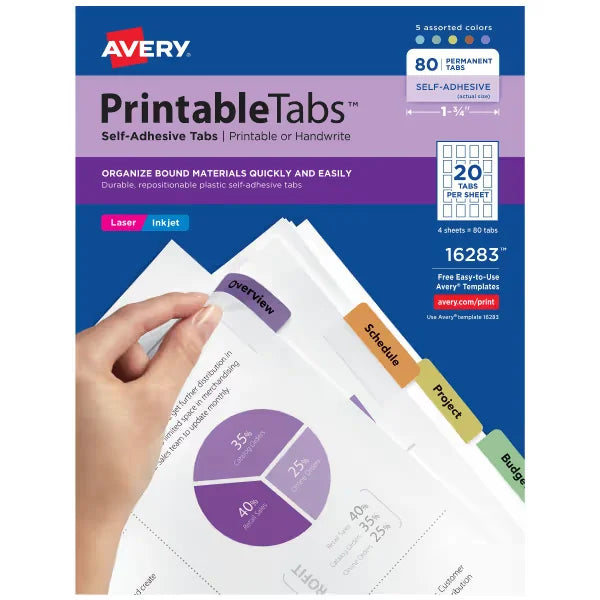 Avery&reg; Printable Tabs, Plastic, Self-Adhesive, Repositionable, 1-3/4" Assorted Colors, 80 Tabs (16283)