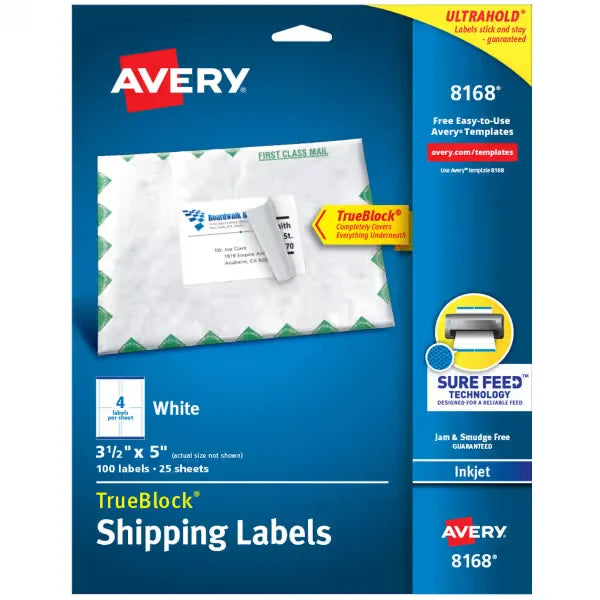 Avery&reg; TrueBlock&reg; Shipping Labels, Sure Feed&trade; Technology, Permanent Adhesive, 3-1/2" x 5", 100 Labels (8168)