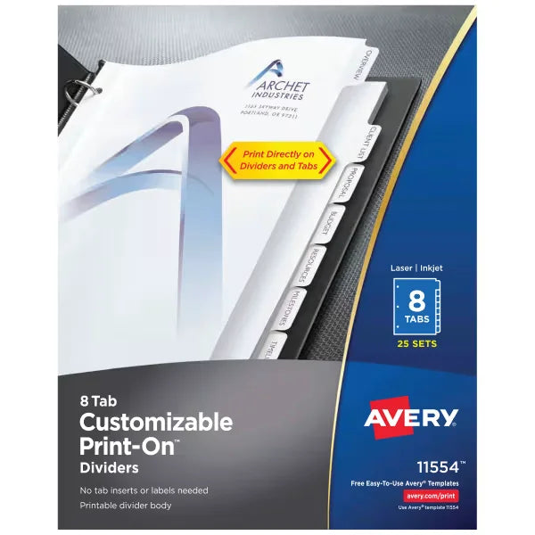 Avery&reg; Print-On Dividers, 8 Tabs, 25 Sets (11554)