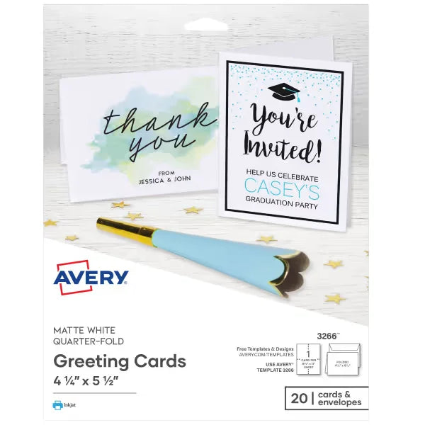 Avery&reg; Quarter-Fold Greeting Cards with Envelopes, 4-1/4" x 5-1/2", Matte White, Inkjet Printers, 20 Total (3266)