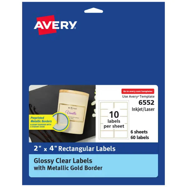 Avery&reg; Printable Glossy Clear Labels with Metallic Gold Border, 2" x 4", Permanent, Laser/Inkjet, 60 Labels (6552)
