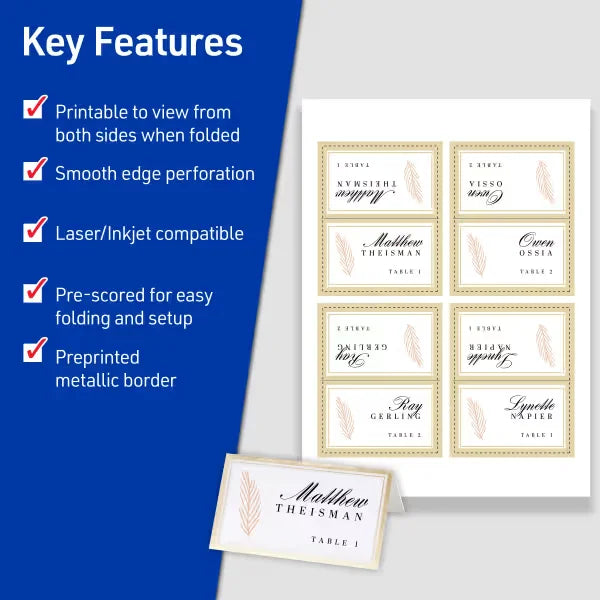 Avery&reg; Tent Cards with Metallic Gold Border, 2" x 3-1/2", White, 80 Printable Place Cards (3328)