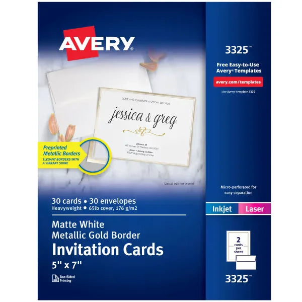 Avery&reg; Invitation Cards with Metallic Gold Borders, 5" x 7" Printable Cards, 30 Flat Cards, 30 Envelopes (3325)