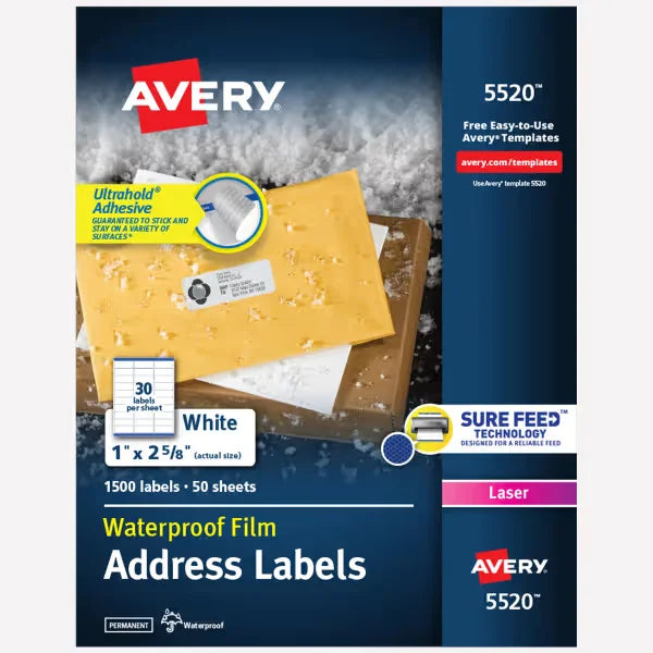 Avery&reg; Waterproof Address Labels with Sure Feed&reg;, 1" x 2-5/8", Laser & Pigment-Inkjet Compatible, 1,500 Total (5520)