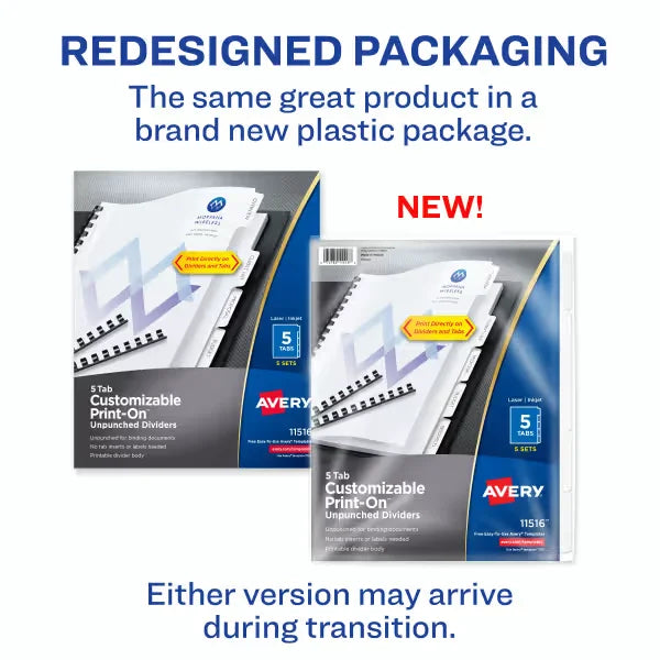 Avery&reg; Unpunched Print-On&trade; Dividers, 5 Tabs, 5 Sets (11516)