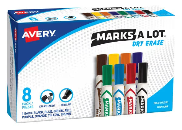 Avery(R) Marks A Lot(R) Desk-Style Dry Erase Markers, Chisel Tip, Assorted Colors, 8 Markers (24411)