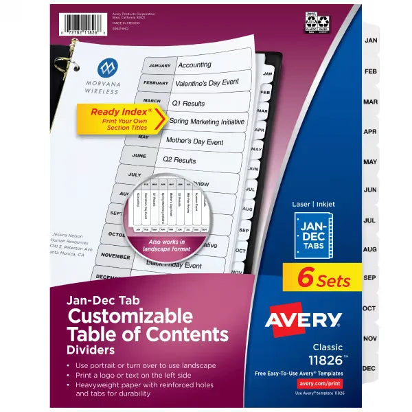 Avery&reg; Ready Index&reg; Jan-Dec Dividers, 12 Tab Sets, Customizable Table of Contents, White Tabs, 6 Sets (11826)
