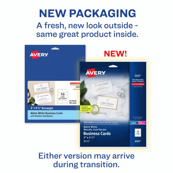 Avery&reg; Business Cards with Metallic Gold Borders, 2" x 3-1/2", 100 Total, Laser/Inkjet Printable Business Cards (3327)