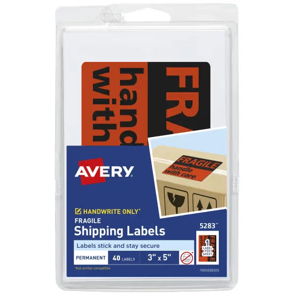 Avery&reg; Fragile Shipping Labels, 3" x 5", Non-Printable, 40 Rectangle Labels Total (5283)