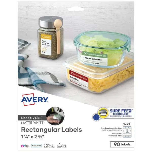 Avery&reg; 1-1/4" x 2-3/8" Dissolvable Rectangle Labels with Sure Feed&trade;, 90 Labels, Removable Adhesive, White (4224)