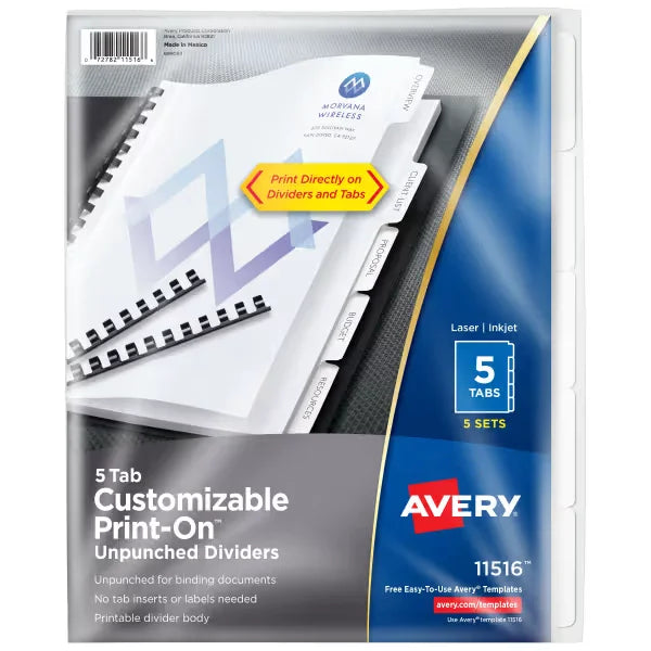 Avery&reg; Unpunched Print-On&trade; Dividers, 5 Tabs, 5 Sets (11516)
