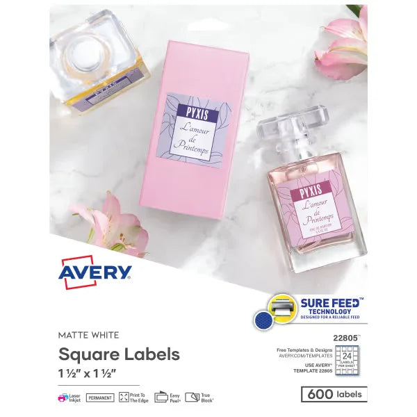 Avery&reg; 1-1/2" x 1-1/2" Square Labels with Sure Feed, 600 Labels, Permanent Adhesive, Matte White (22805)