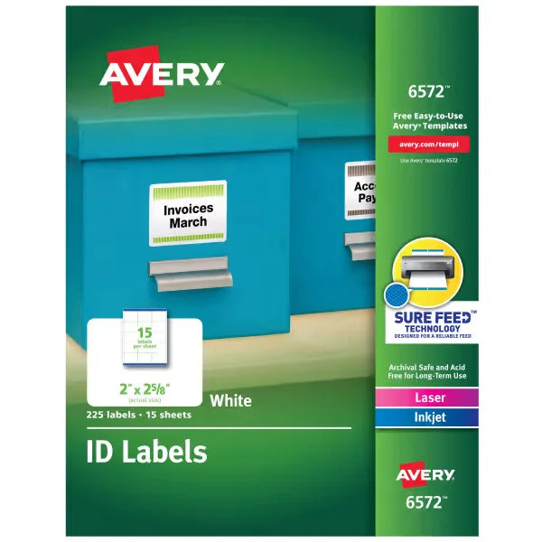 Avery&reg; ID Labels, Permanent Adhesive, 2" x 2-5/8", 225 Labels (6572)