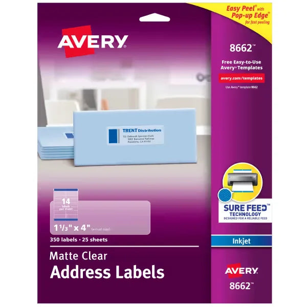 Avery&reg; Matte Clear Address Labels, Sure Feed&trade; Technology, Inkjet, 1-1/3" x 4", 350 Labels (8662)