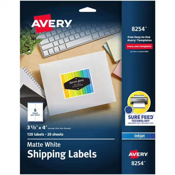 Avery&reg; Shipping Labels with Sure Feed&reg;, 3-1/3" x 4", Matte White, Inkjet Printer Compatible, 120 Labels (8254)