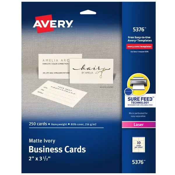Avery&reg; Printable Business Cards with Sure Feed&trade;, 2" x 3.5", Ivory, 250 Blank Cards for Laser Printers (5376)